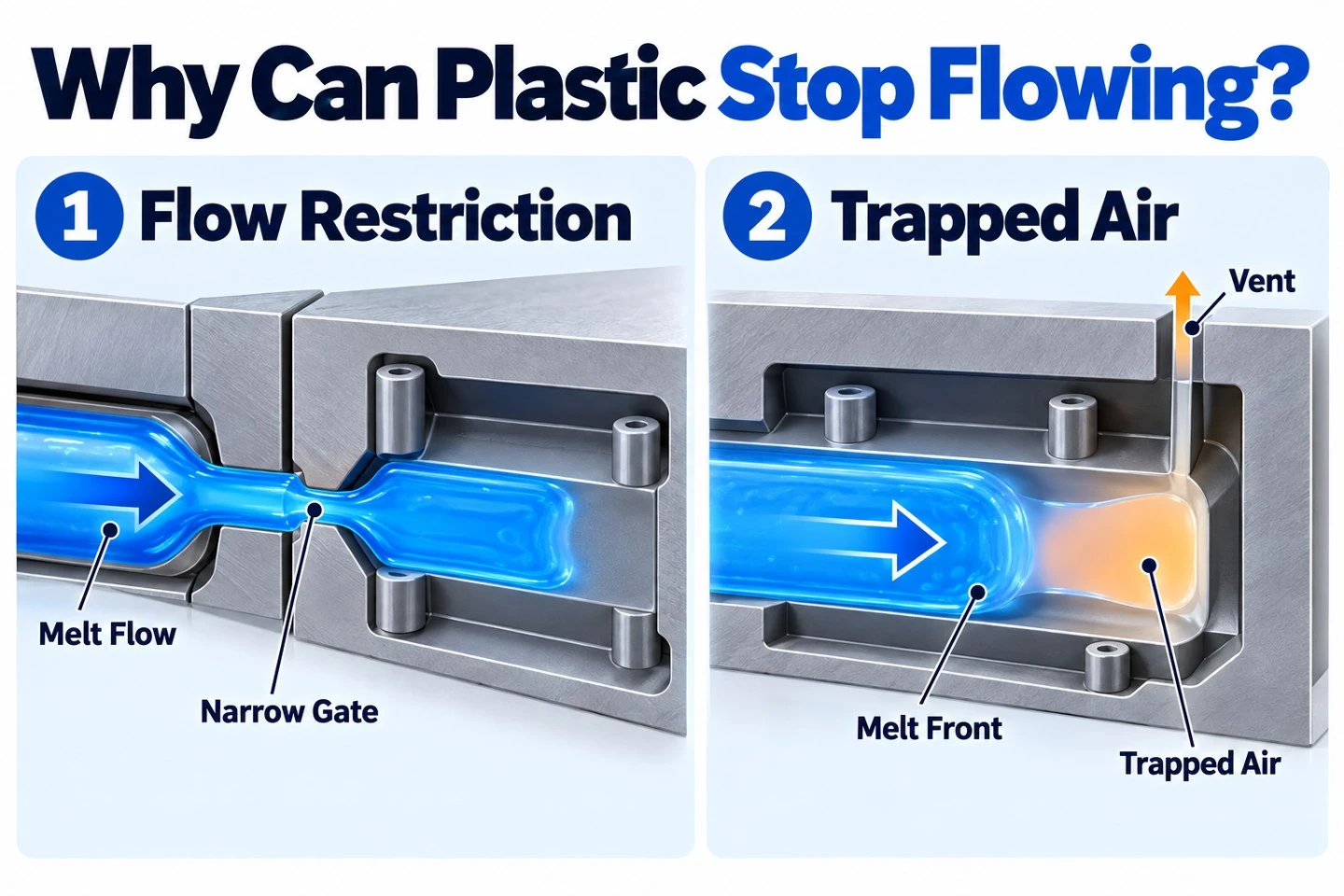 Flow restriction and trapped air as possible causes of injection molding short shots