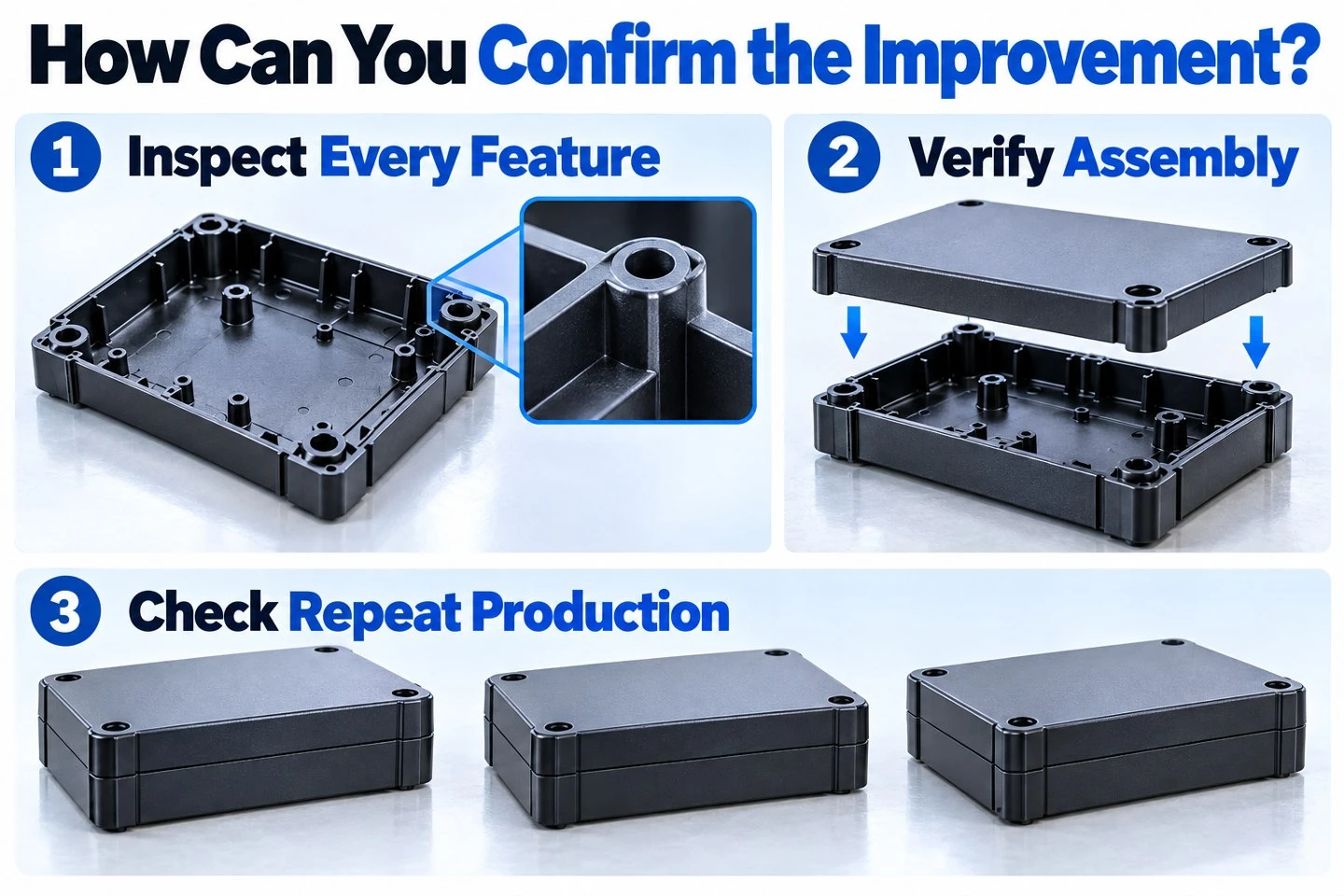 Inspection assembly and repeated production checks after correcting injection molding short shots