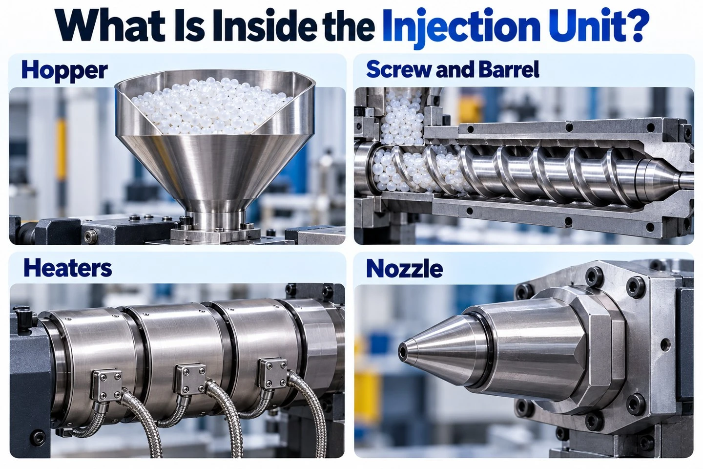 info-1-1 Hopper screw barrel heaters and nozzle in an injection molding unit