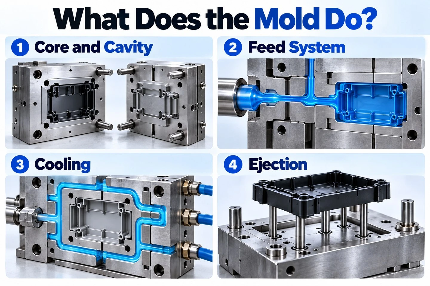 info-1-1 Injection mold functions including core cavity material feed cooling and ejection