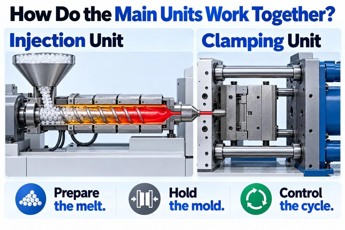 info-1-1 Injection and clamping units working together in plastic injection molding