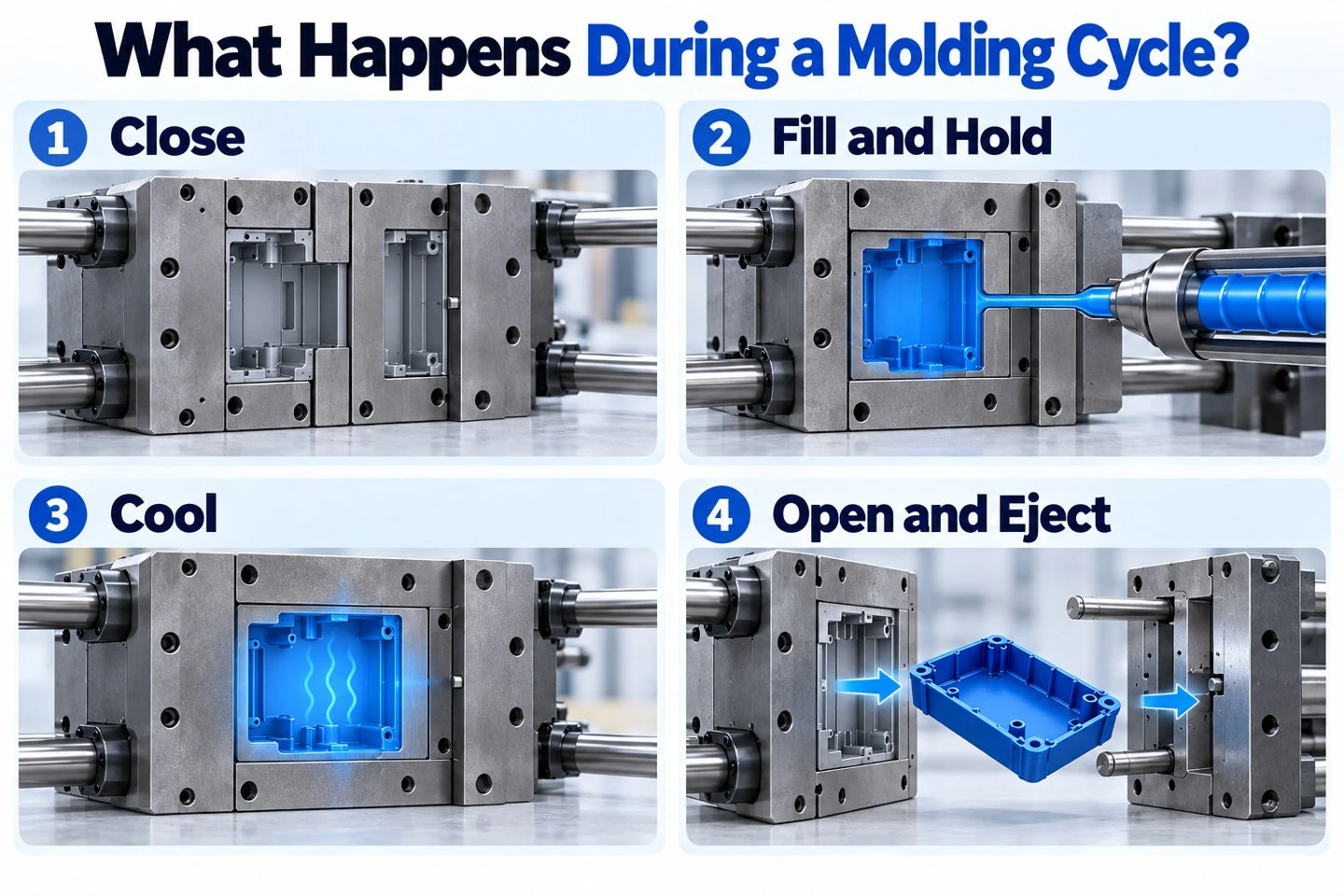 info-1-1 Plastic injection molding cycle showing closing filling holding cooling opening and ejection
