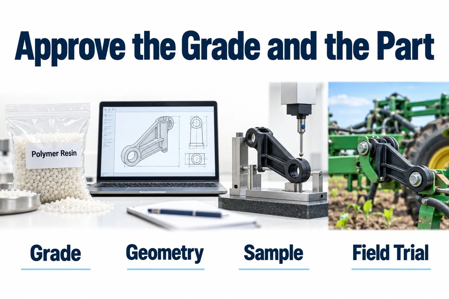 info-1-1 Conceptual progression from material grade and geometry review to sample inspection and field trial