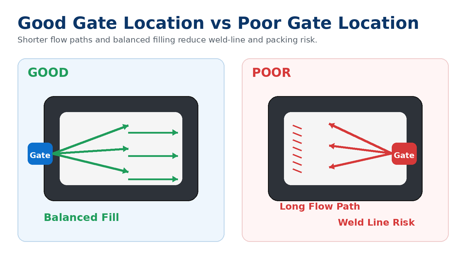 info-1-1 Good gate location versus poor gate location in plastic injection molding