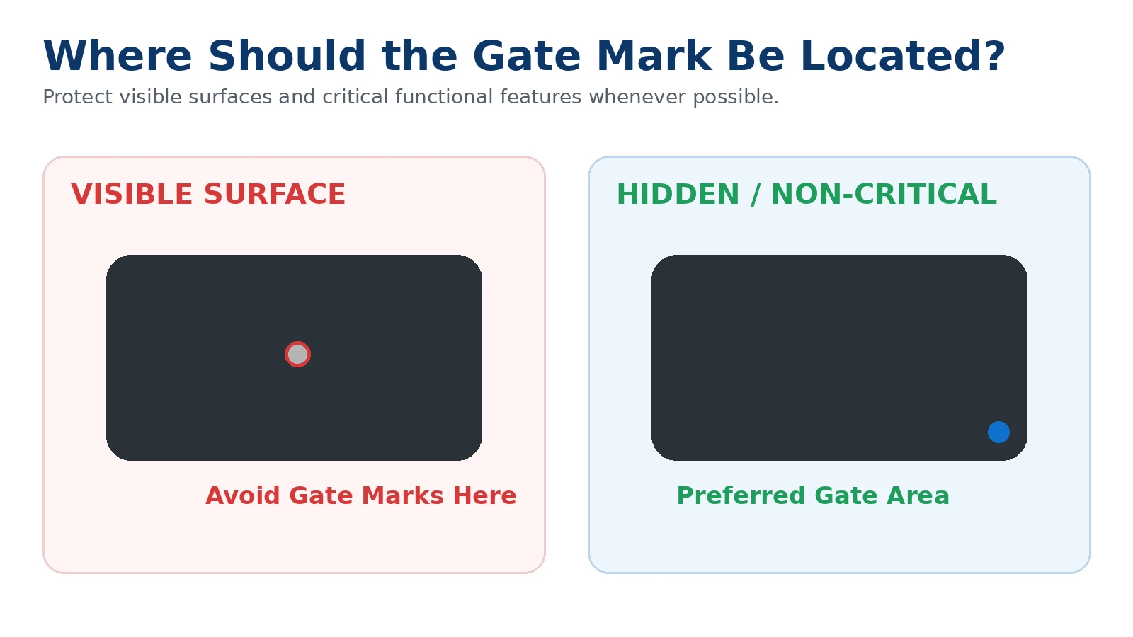 info-1-1 Gate mark placement on cosmetic and functional plastic surfaces