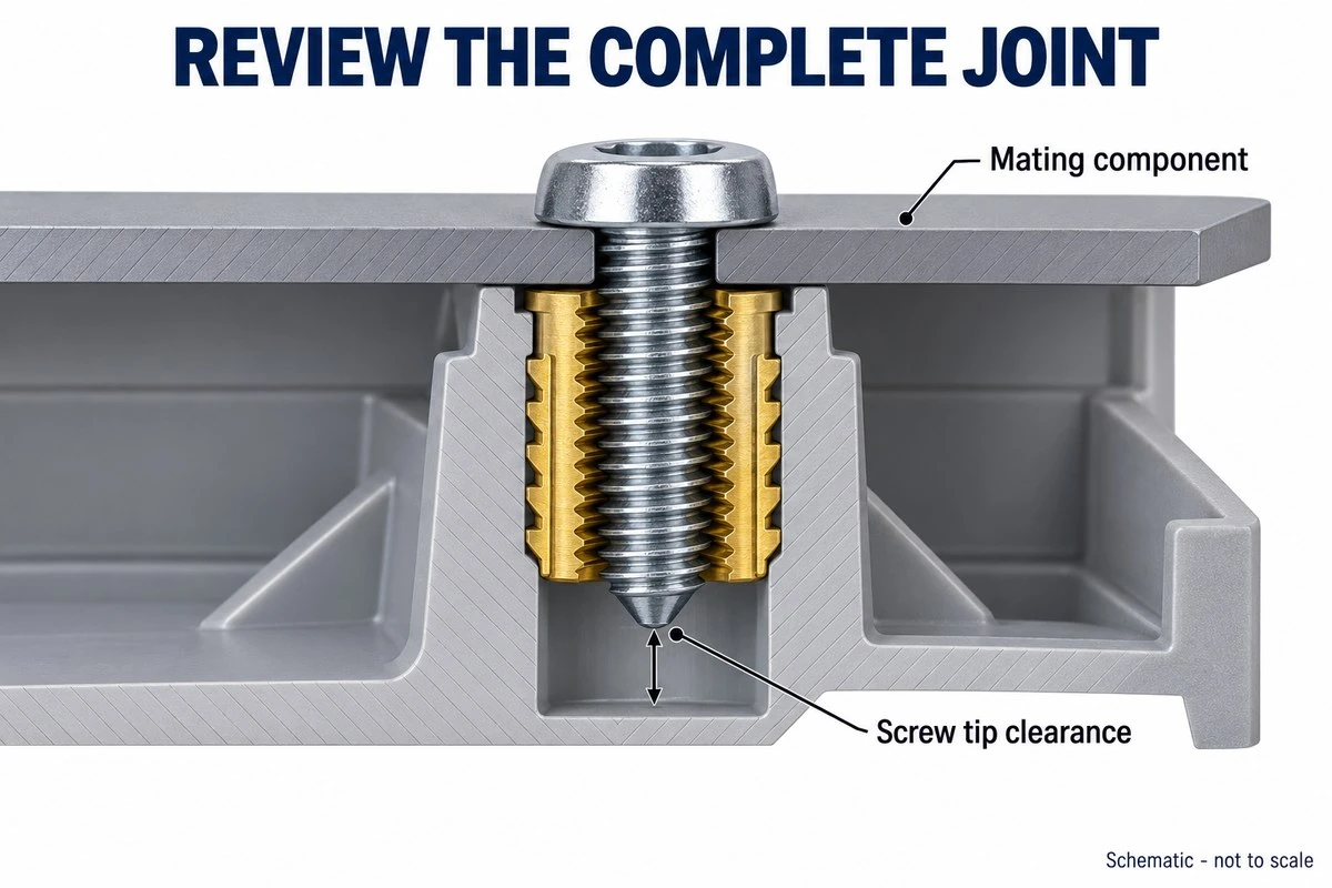 info-800-1 Schematic cutaway of a screw, mating component and threaded insert showing screw tip clearance