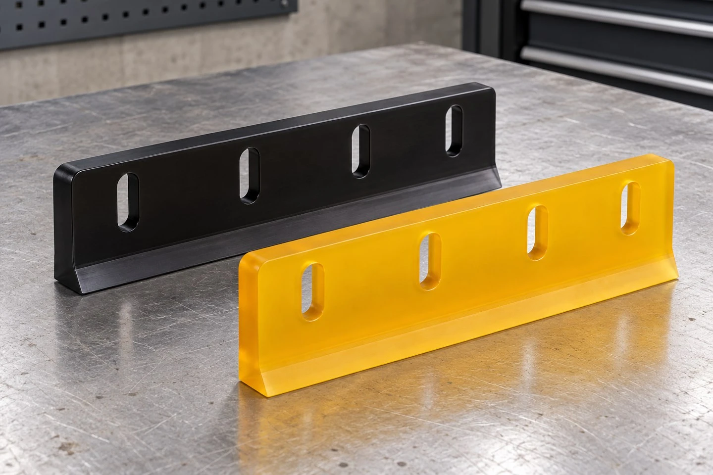 product-1-1 Amber and black custom polyurethane scraper blade concepts with matching slotted mounting patterns