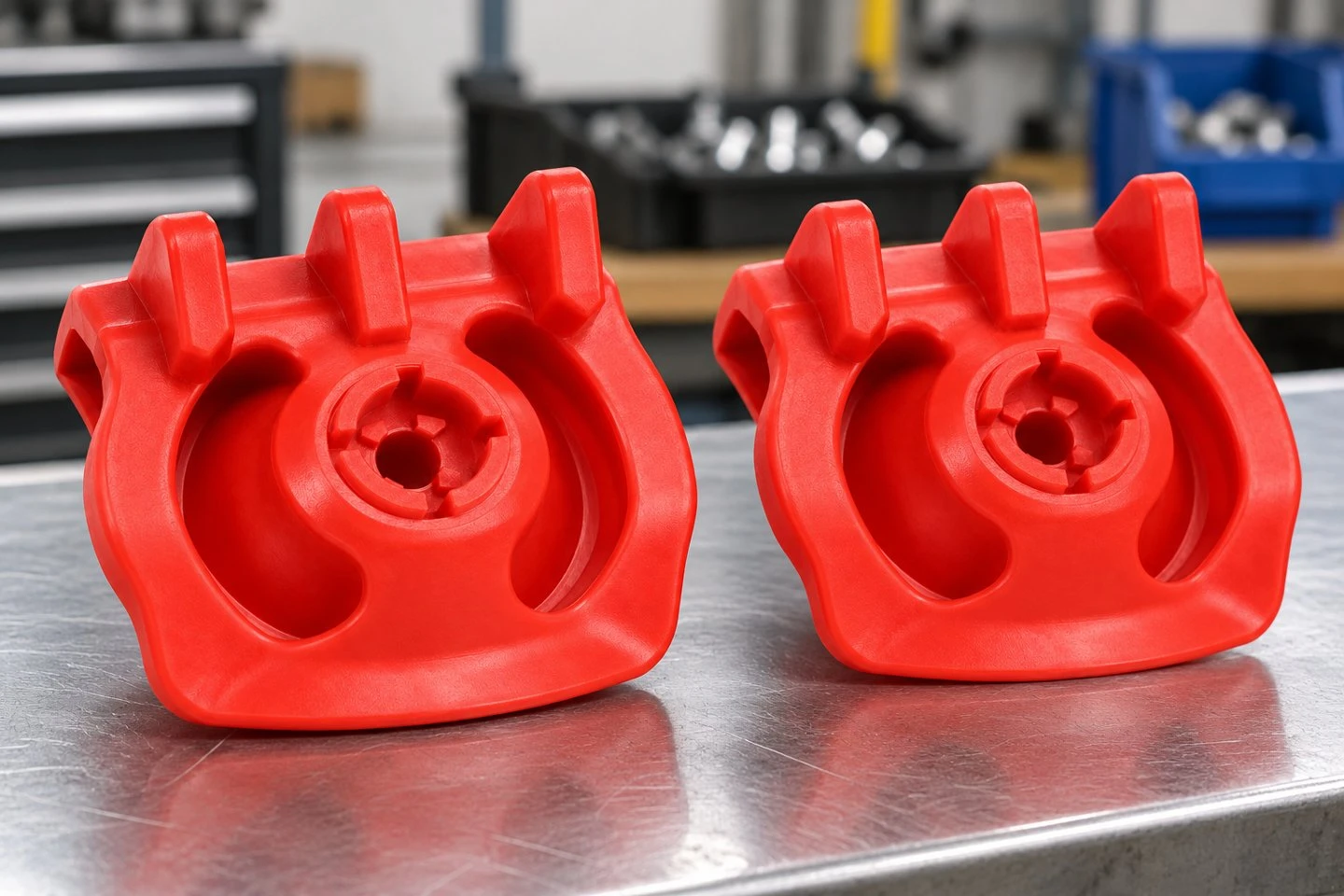 product-1-1 Red custom plastic potato planter seed cup concepts displayed on an agricultural parts inspection bench