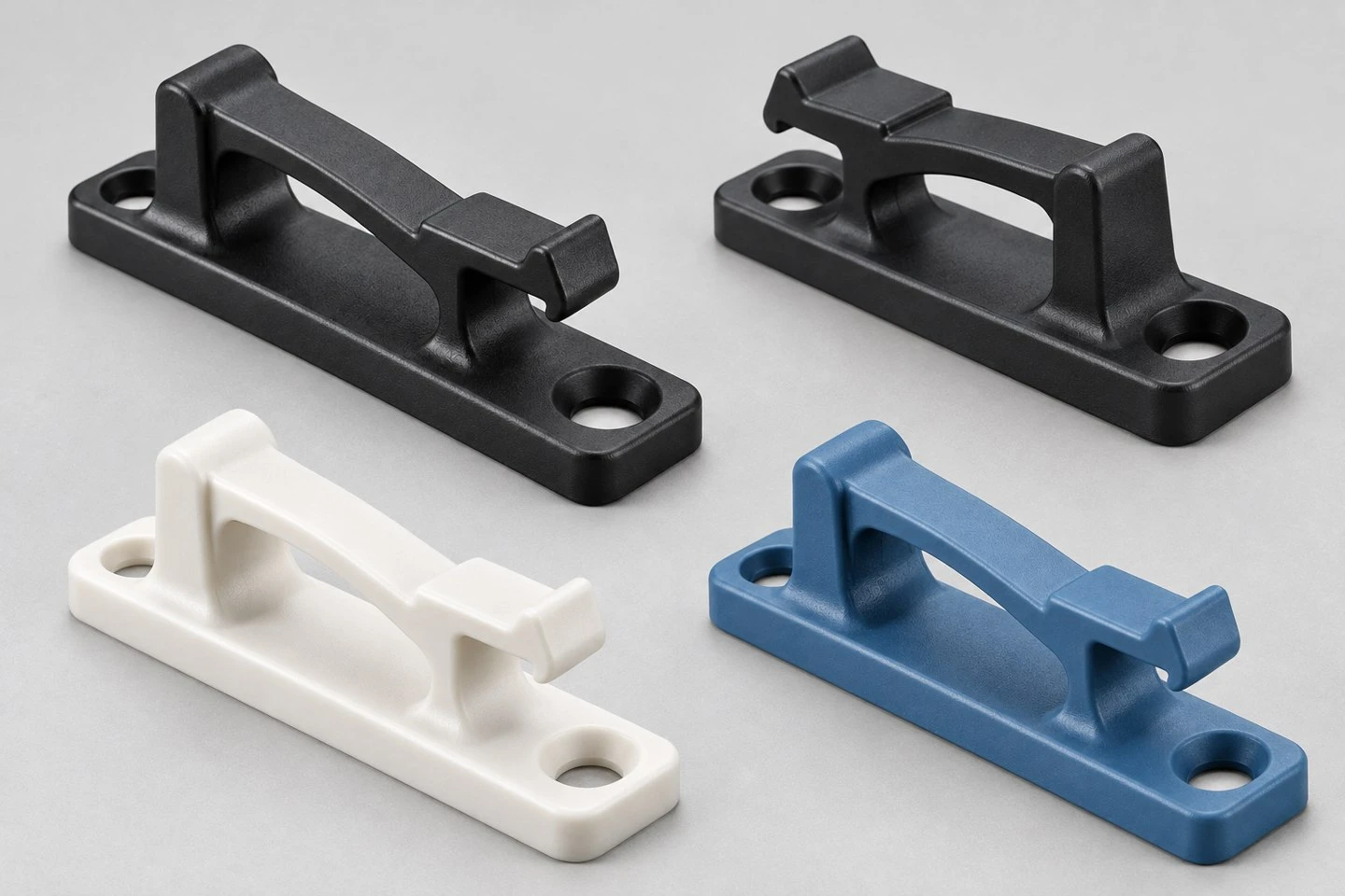 Custom injection molded panel retaining clip concepts in black natural white and blue