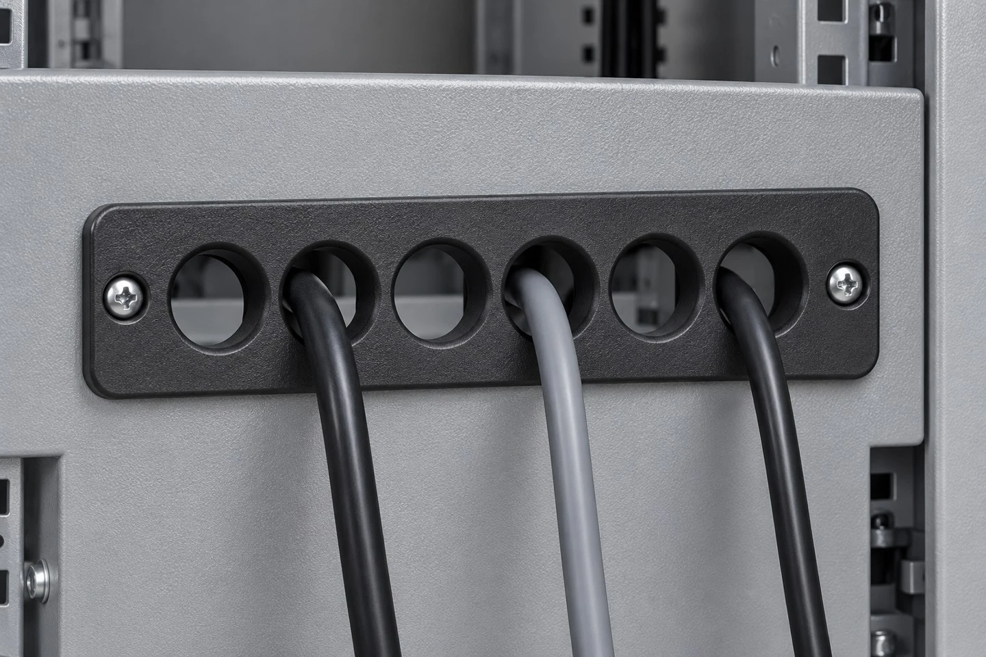 product-1-1 Illustrative custom cable guide plate installed on an equipment panel with separated cables