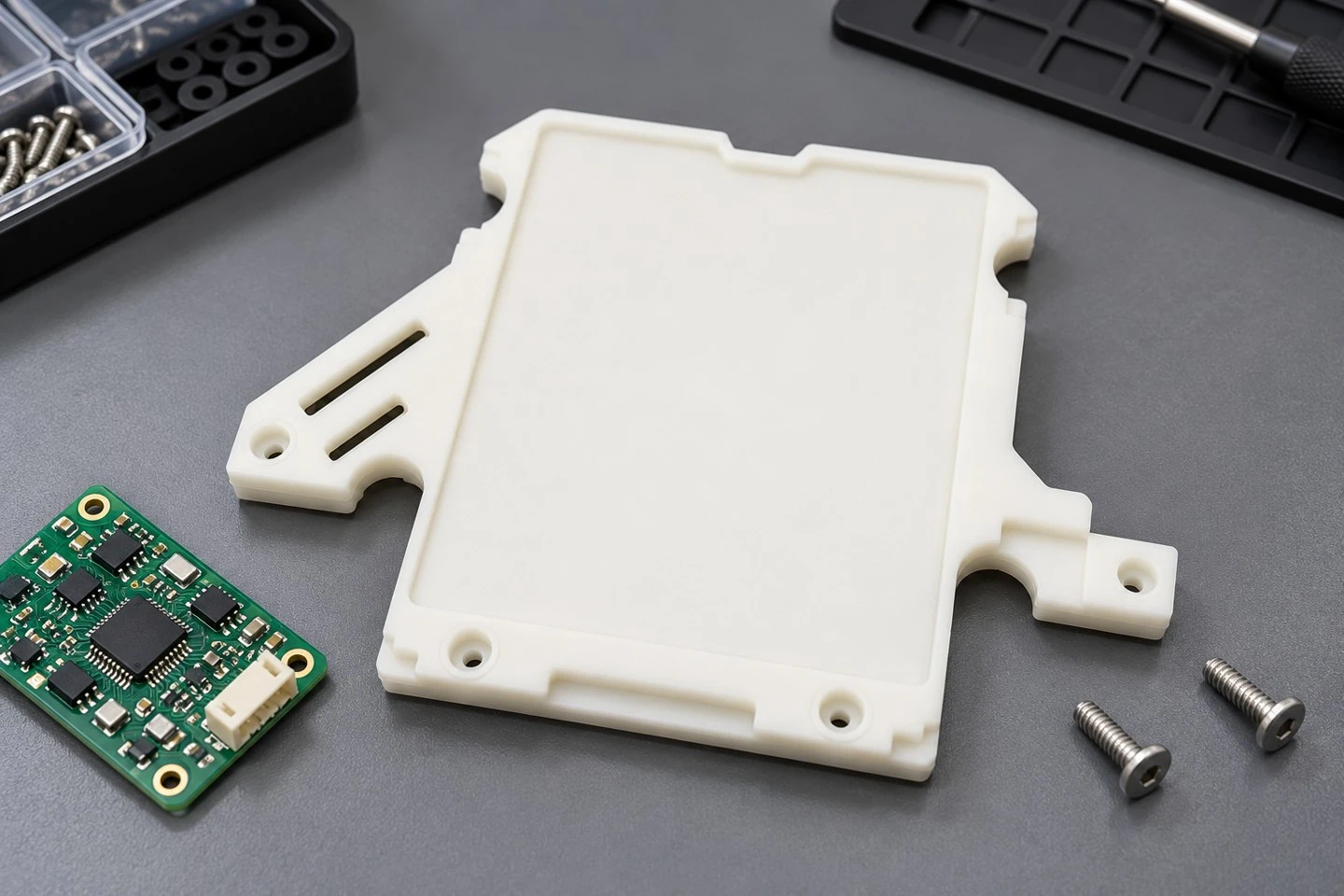 product-1-1 Illustrative POM equipment mounting plate beside a separate circuit board on an electronics workbench