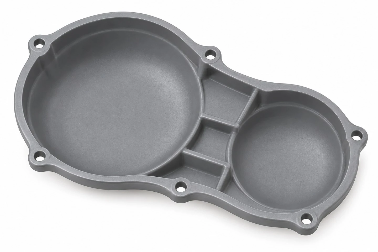 Inside view of a custom molded gearbox cover showing hollow shell perimeter flange and mounting features