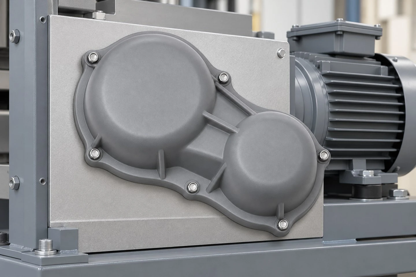 Illustrative custom plastic gearbox outer cover fitted to a compact industrial drive assembly
