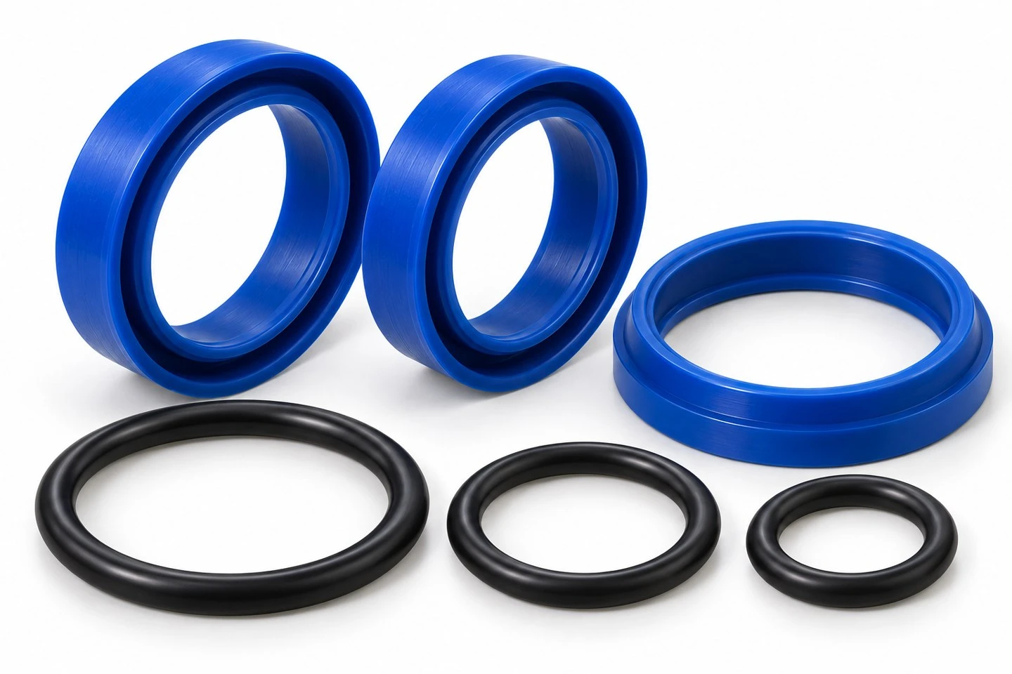 product-1-1 Close view of illustrative polyurethane hydraulic rod seals wipers and rubber O-rings for a cylinder repair kit