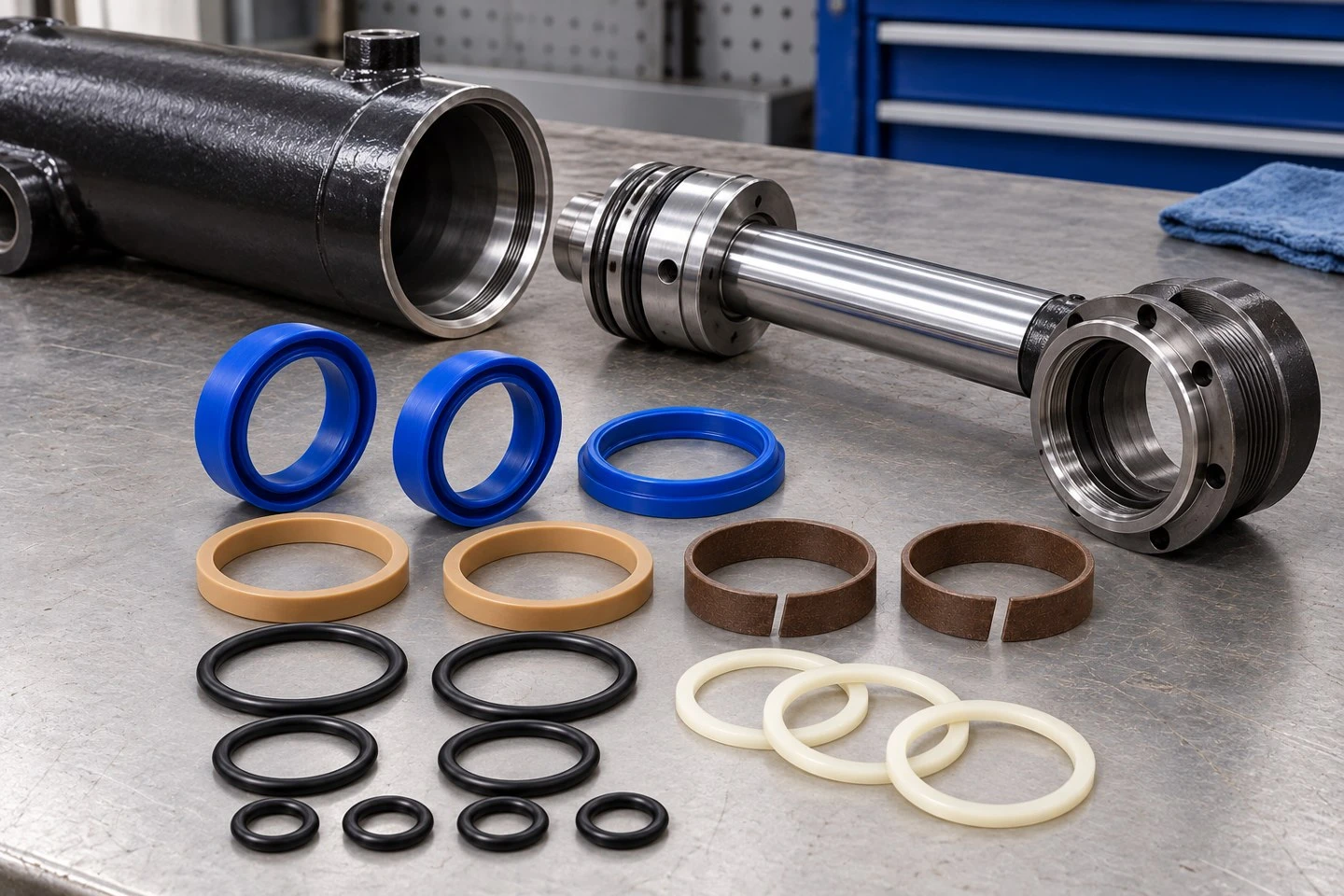product-1-1 Illustrative hydraulic cylinder repair kit arranged beside a disassembled cylinder rod and gland on a clean workbench