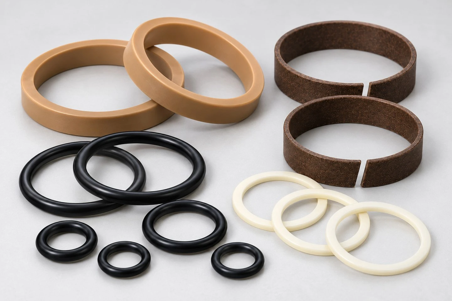 product-1-1 Illustrative hydraulic cylinder repair kit components including sealing rings guide bands and backup rings