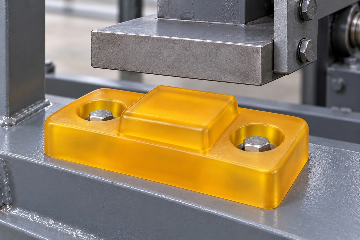 product-1-1 Illustrative polyurethane buffer block mounted on a machine frame below a separated moving stop plate