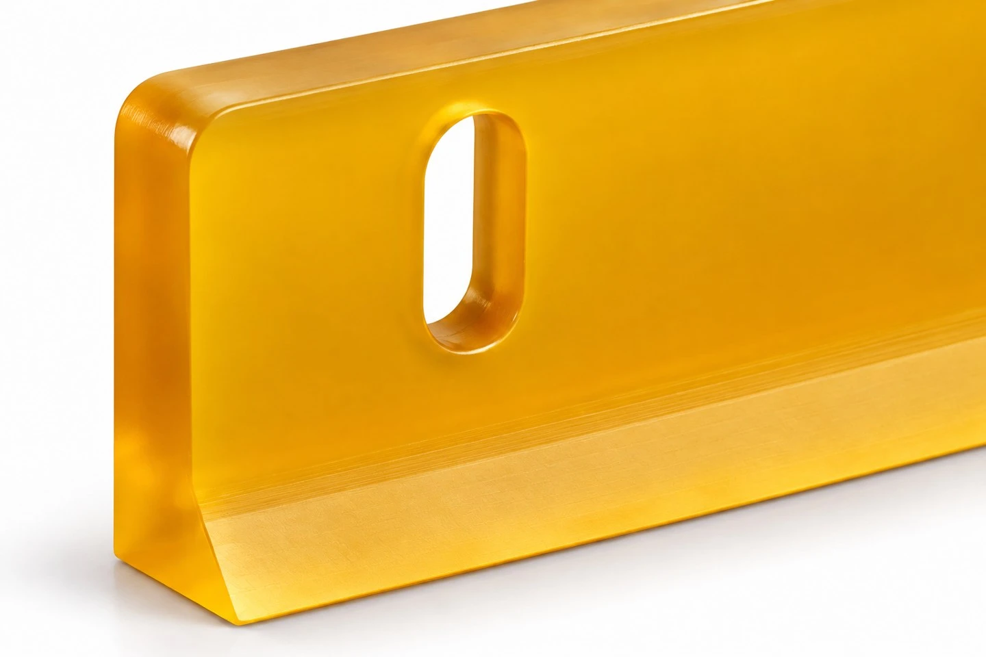 product-1-1 Close view of a custom polyurethane scraper blade showing its mounting slot and continuous beveled working edge