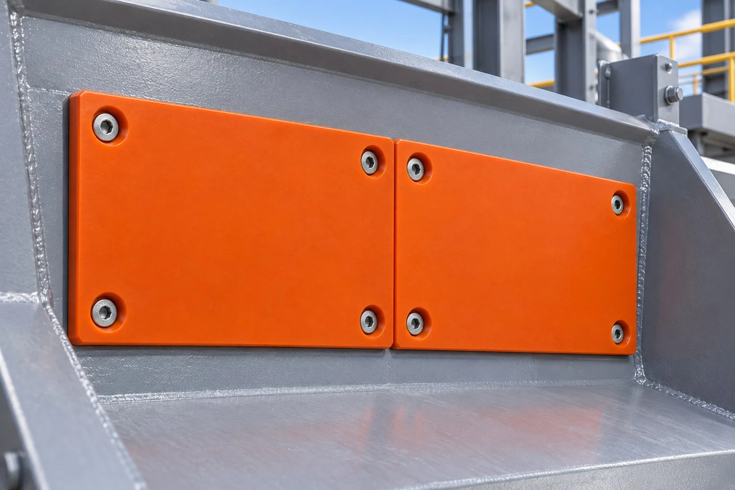 product-1-1 Illustrative flat polyurethane liner panels fastened to a steel chute sidewall with clear panel joints