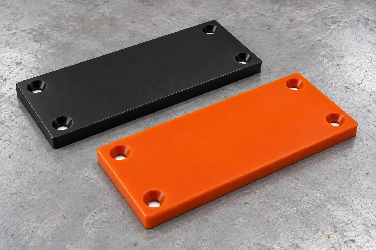 product-1-1 Orange and black custom polyurethane chute liner panel concepts with four recessed mounting holes