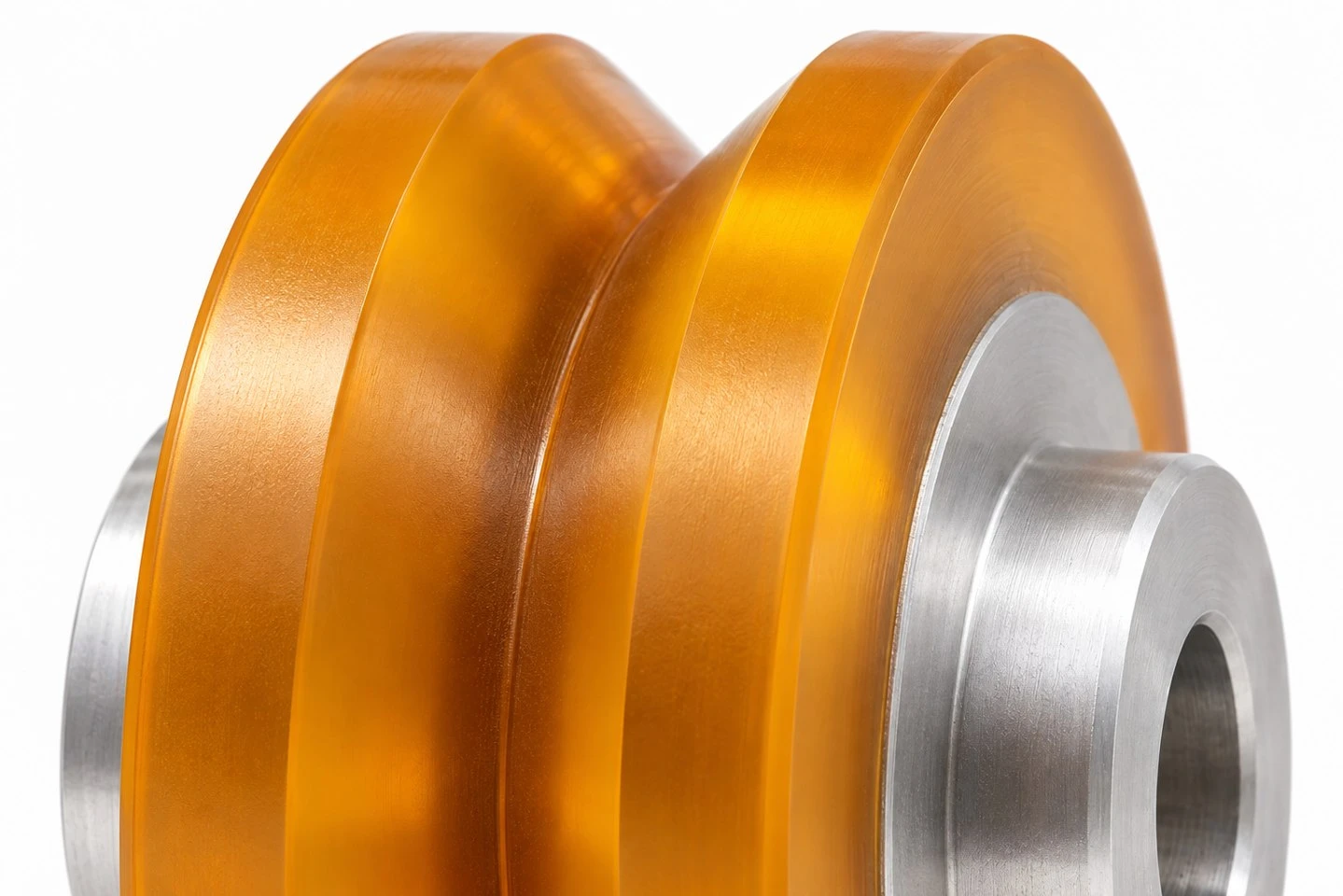 product-1-1 Close view of the circumferential V groove on a custom polyurethane guide wheel with a metal hub
