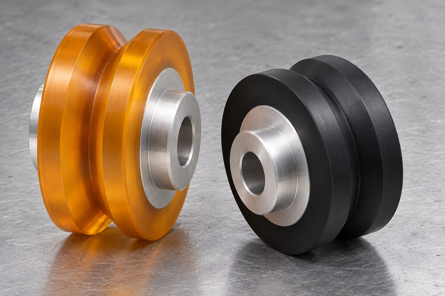product-1-1 Amber and black custom polyurethane V-groove wheel concepts with matching metal hubs and plain bores