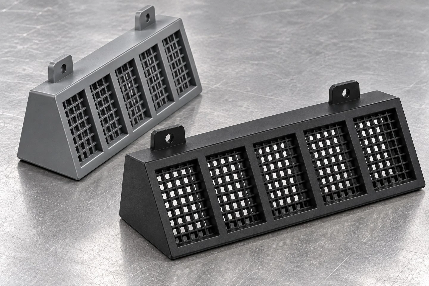product-1-1 Black and gray custom injection molded vent grille concepts with matching inclined frames and open lattice patterns