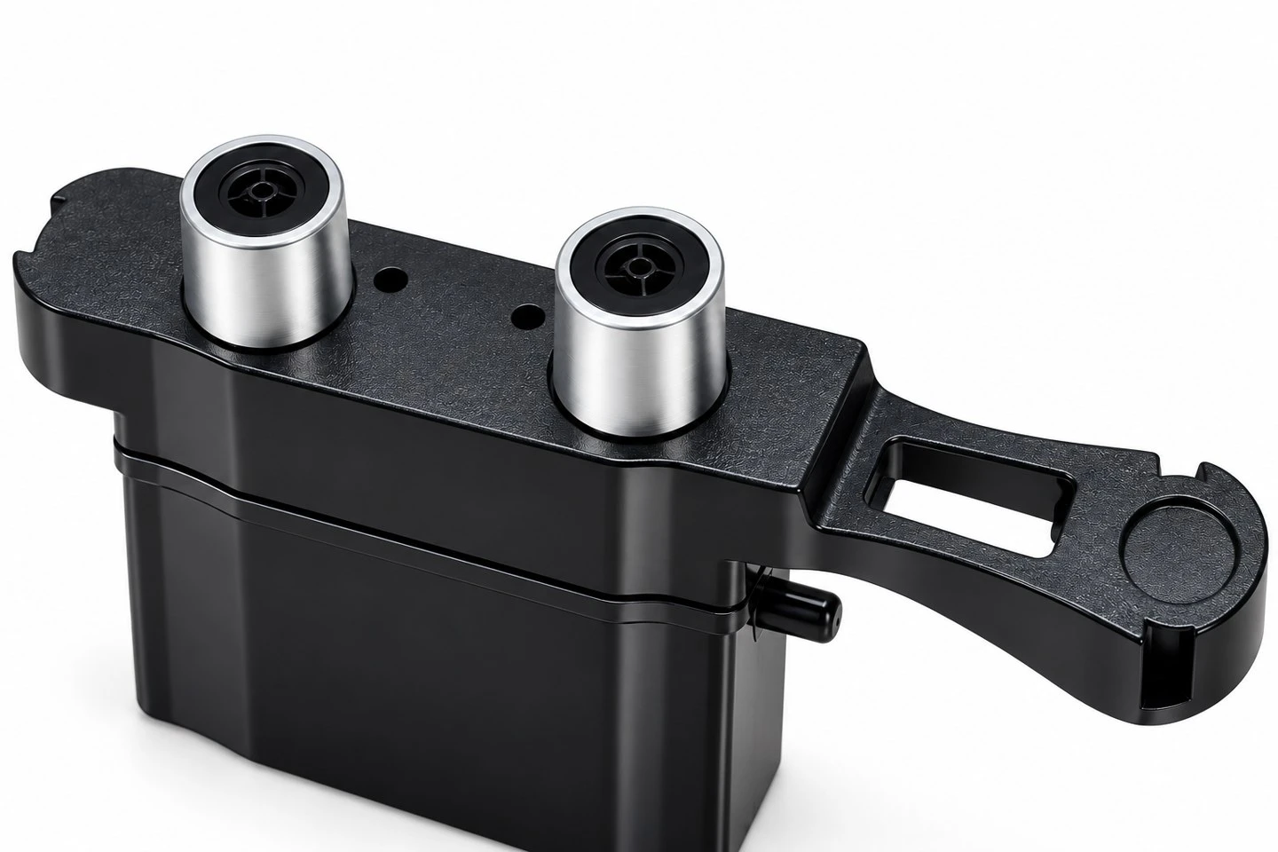 product-1-1 Close view of a custom plastic housing upper flange with two cylindrical roller mounting positions