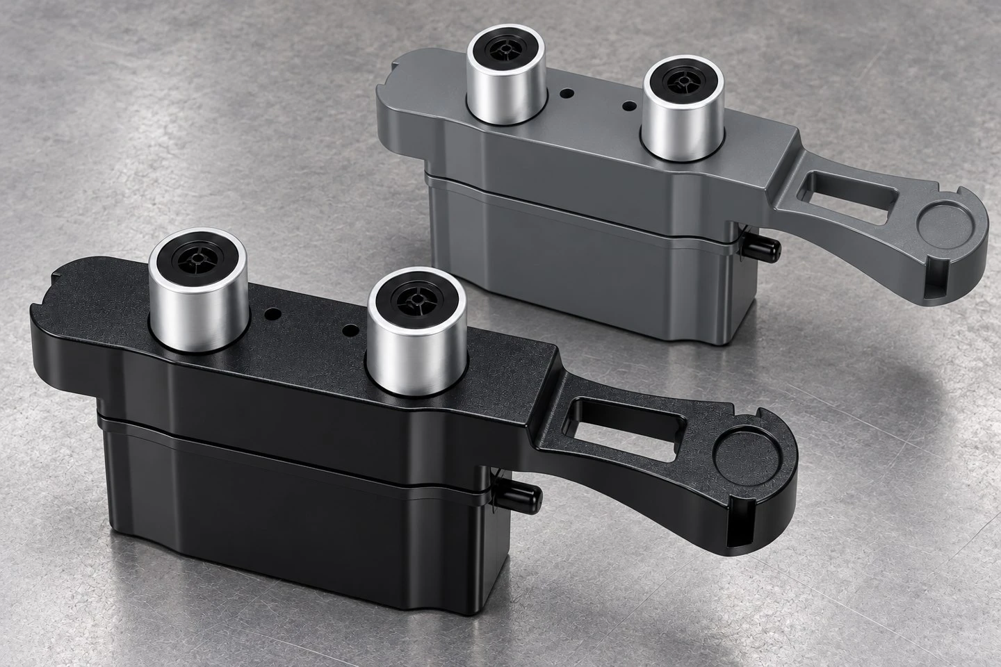 product-1-1 Black and gray custom roller bracket housing concepts with matching mounting arms and twin cylindrical positions