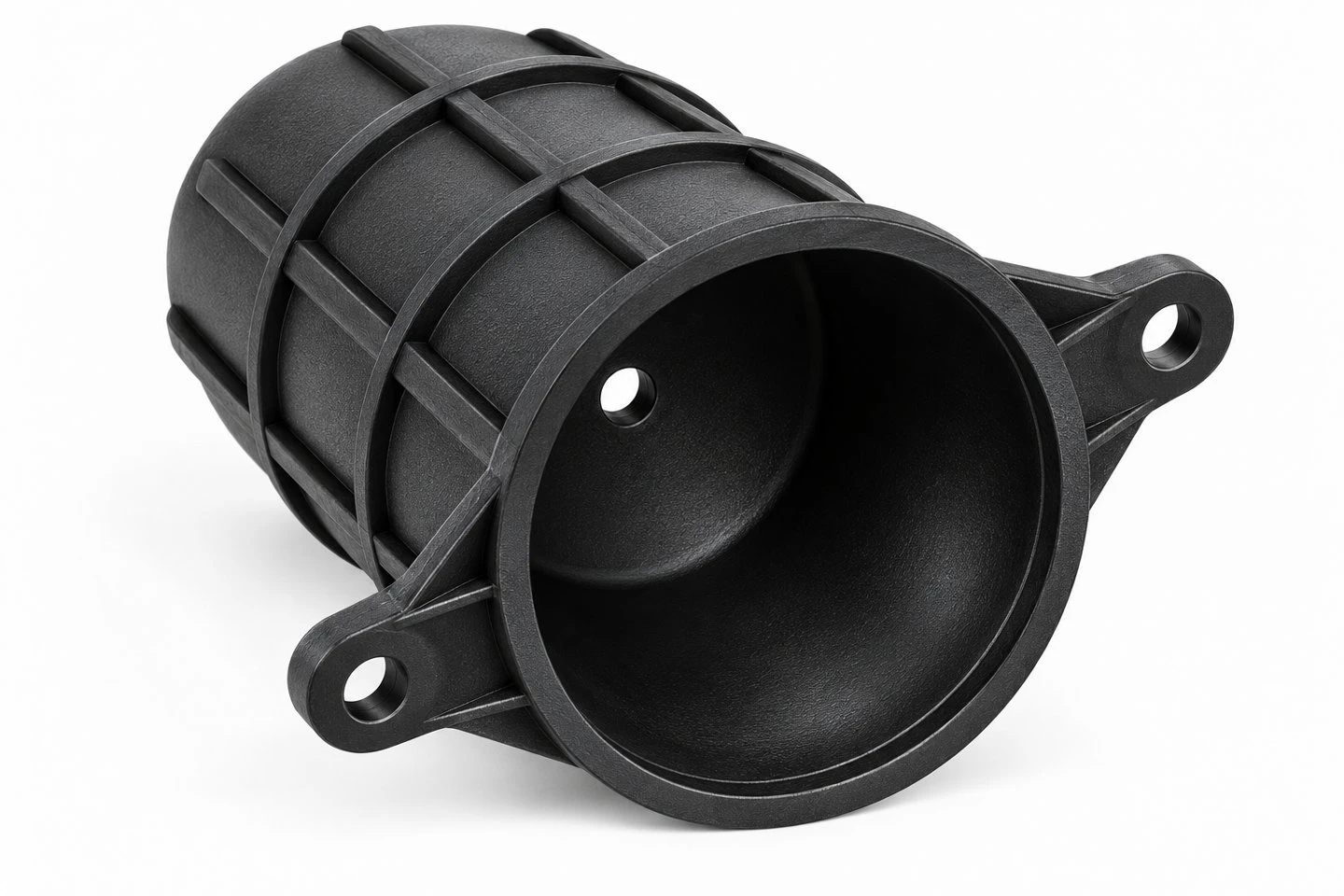 product-1-1 Open cavity and base rim of a custom cylindrical injection molded nylon equipment housing