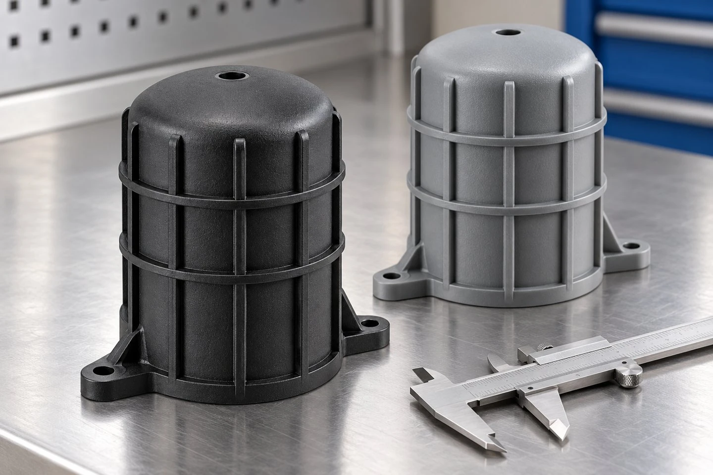 product-1-1 Black and gray custom ribbed nylon housing concepts on an industrial inspection bench
