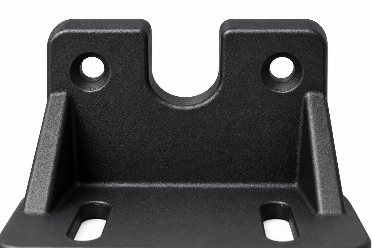 U-shaped cable clearance notch between two mounting holes on a custom ABS sensor support bracket