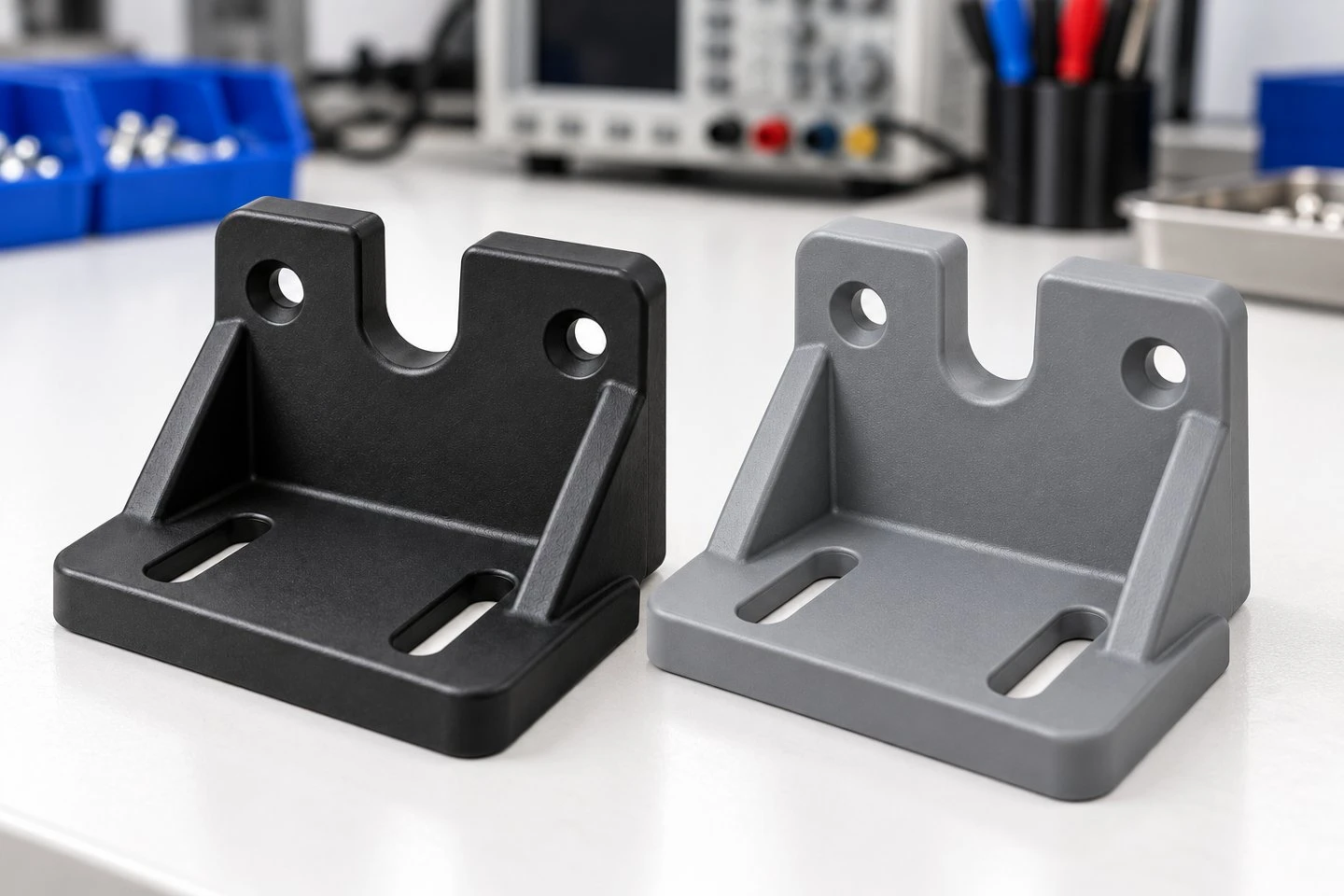 Black and light gray custom sensor mounting bracket concepts on an electronics assembly bench