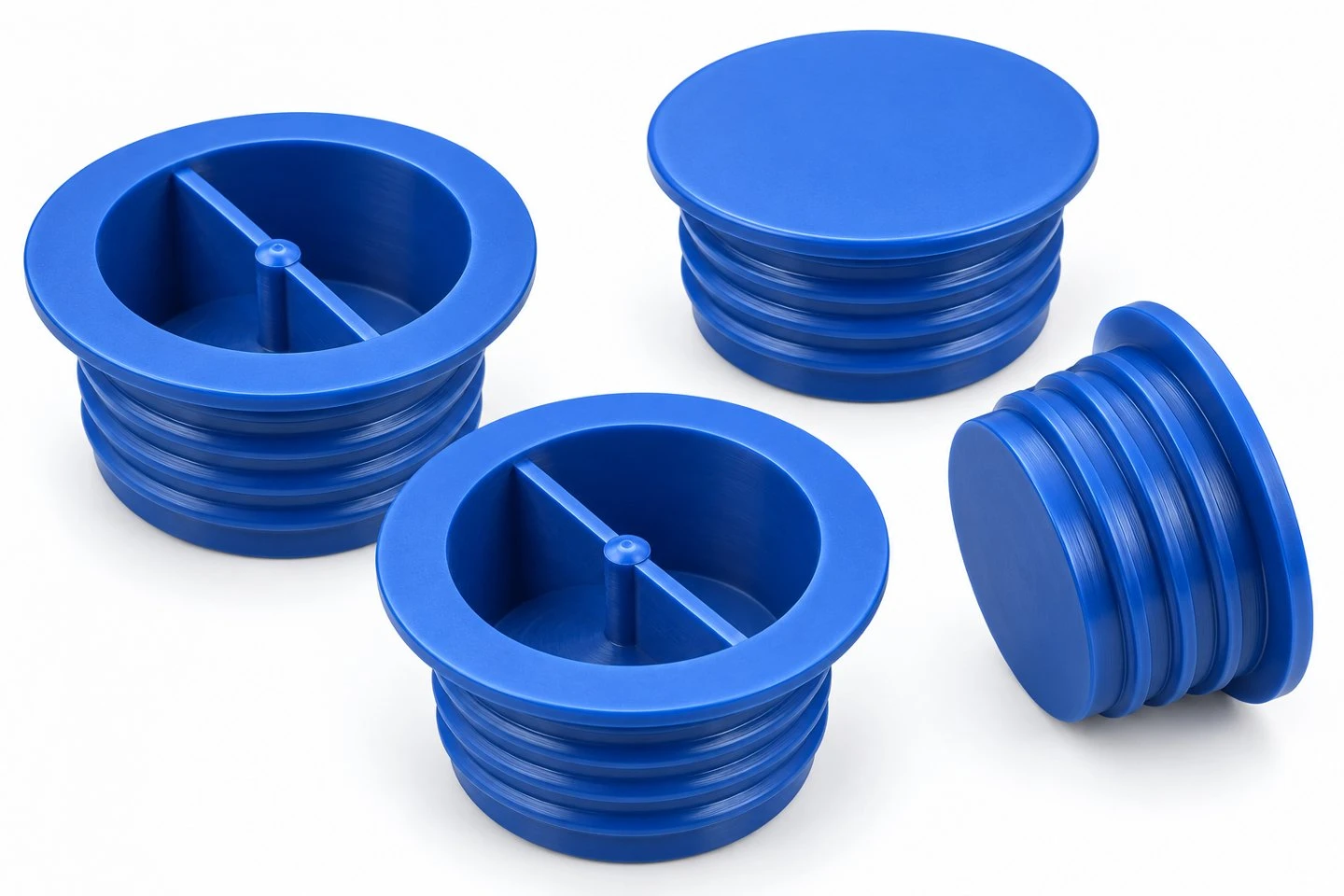 product-1-1 Blue flanged plastic protection plug concepts showing recessed grip bars and external raised profiles