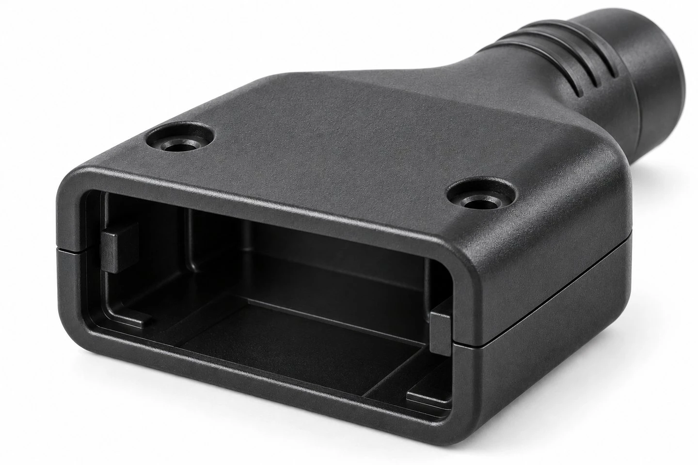 Empty rectangular connector opening and internal locating features of a custom molded plastic backshell