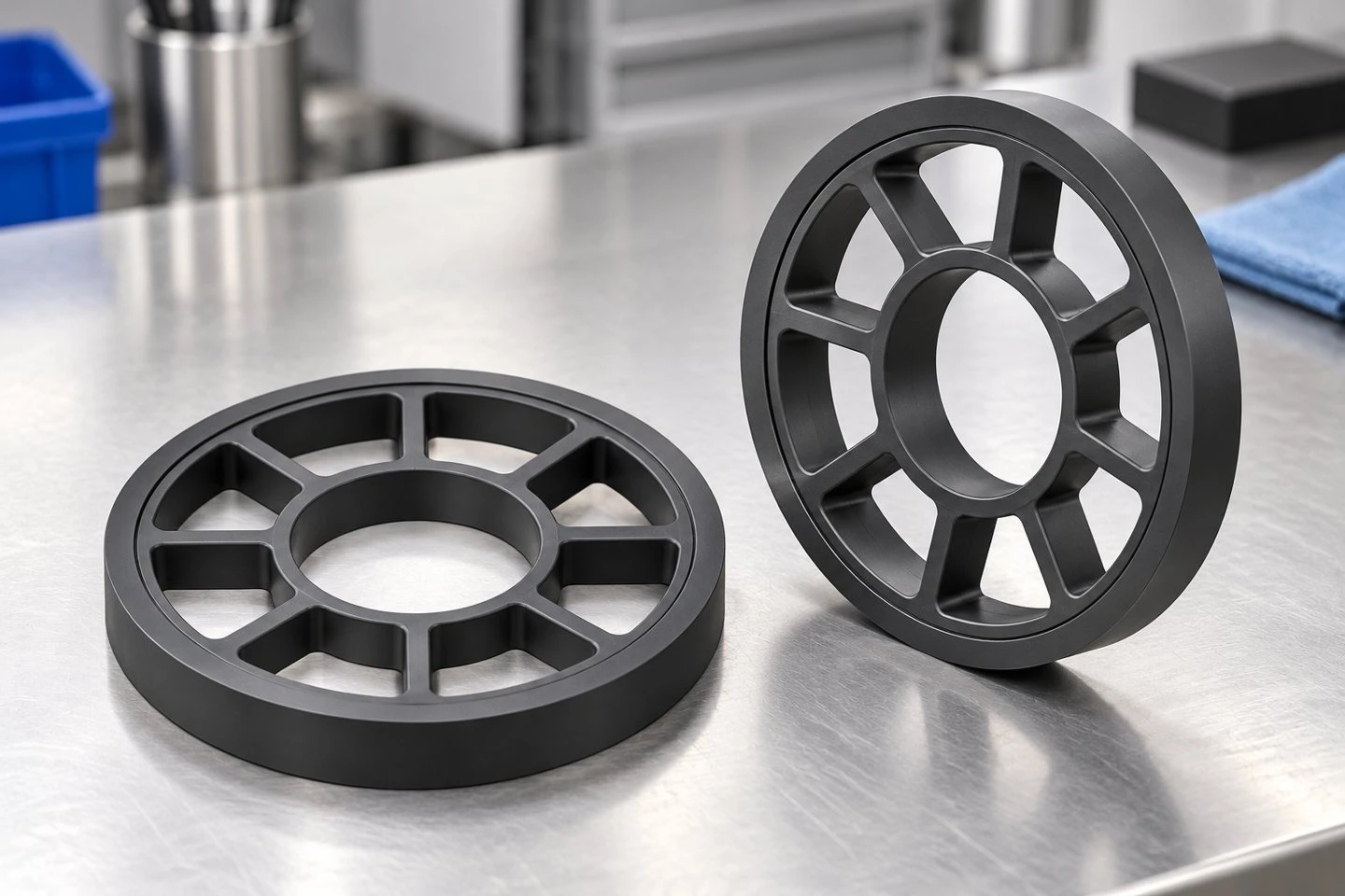 Dark PP eight-spoke support ring concepts showing the open sectors and stepped perimeter