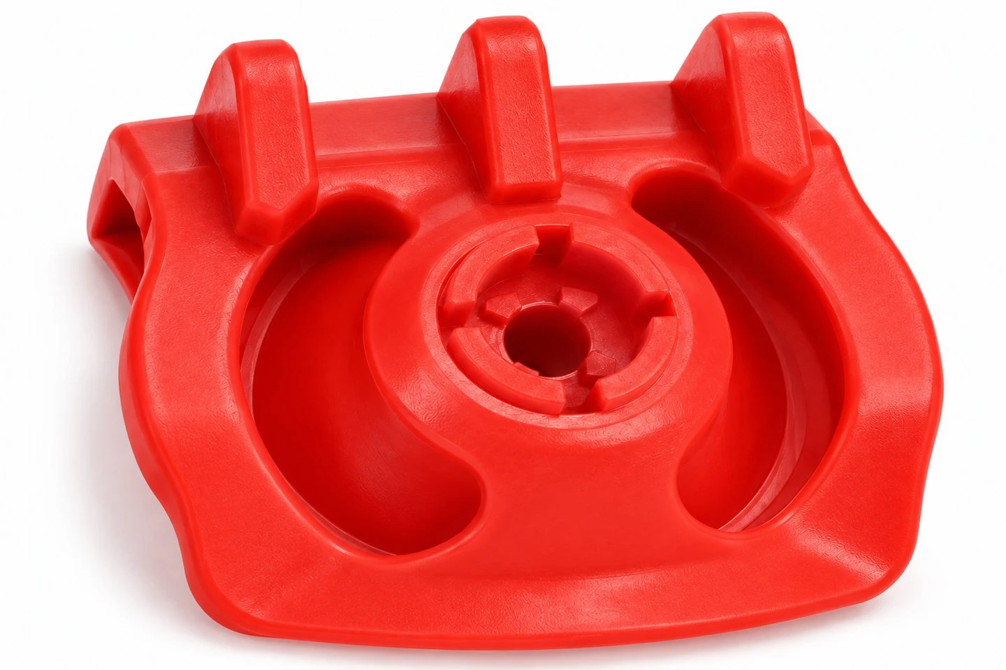 product-1-1 Rounded cradle edge and raised ribs on a red custom plastic seed cup for potato planting equipment
