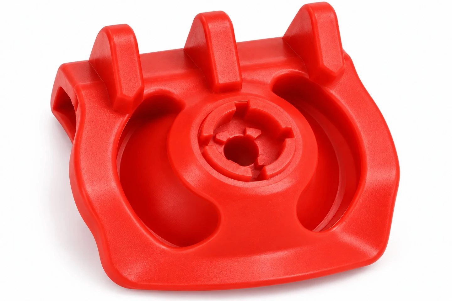 product-1-1 Central mounting boss and keyed opening on a custom red plastic potato planter seed cup