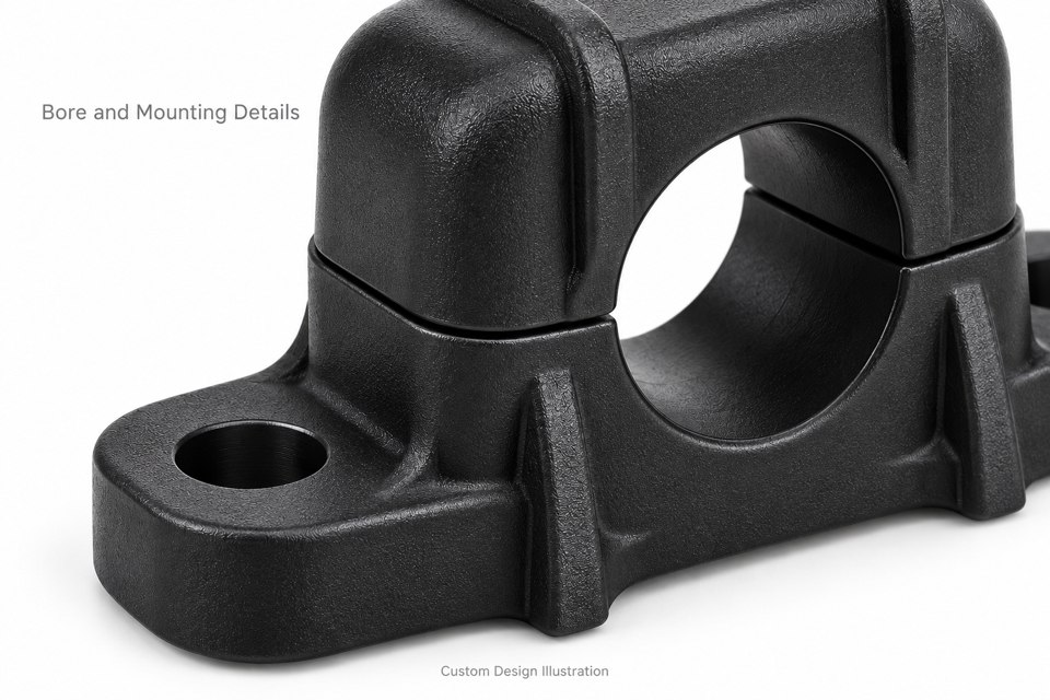 product-1-1 Custom nylon split pipe clamp bore seat and mounting details illustrated for drawing review