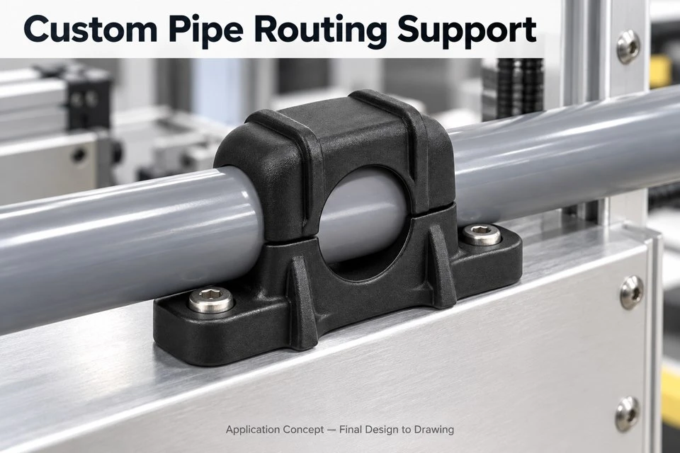 product-1-1 Illustrative application of a custom split nylon clamp supporting a tube on an industrial equipment panel