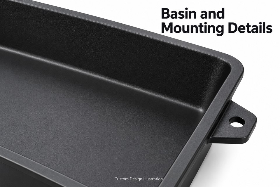 product-1-1 Custom molded PP equipment drip tray showing rounded basin corners and external mounting flange