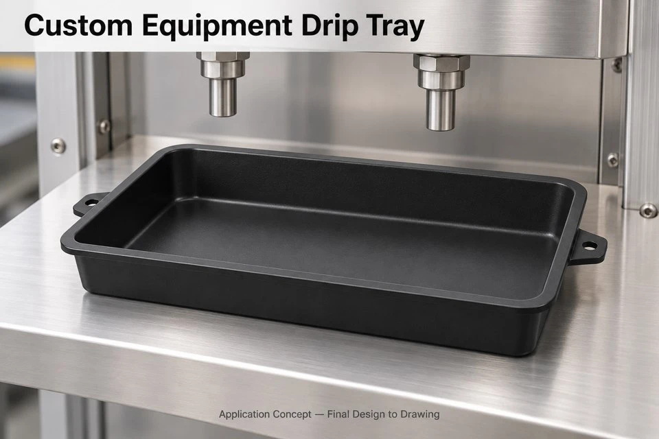 product-1-1 Illustrative custom PP collection tray positioned beneath an industrial dispensing assembly