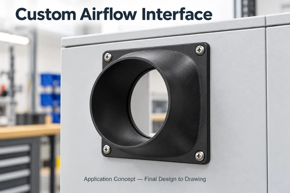product-1-1 Illustrative custom ABS airflow shroud positioned on an industrial electronics enclosure panel