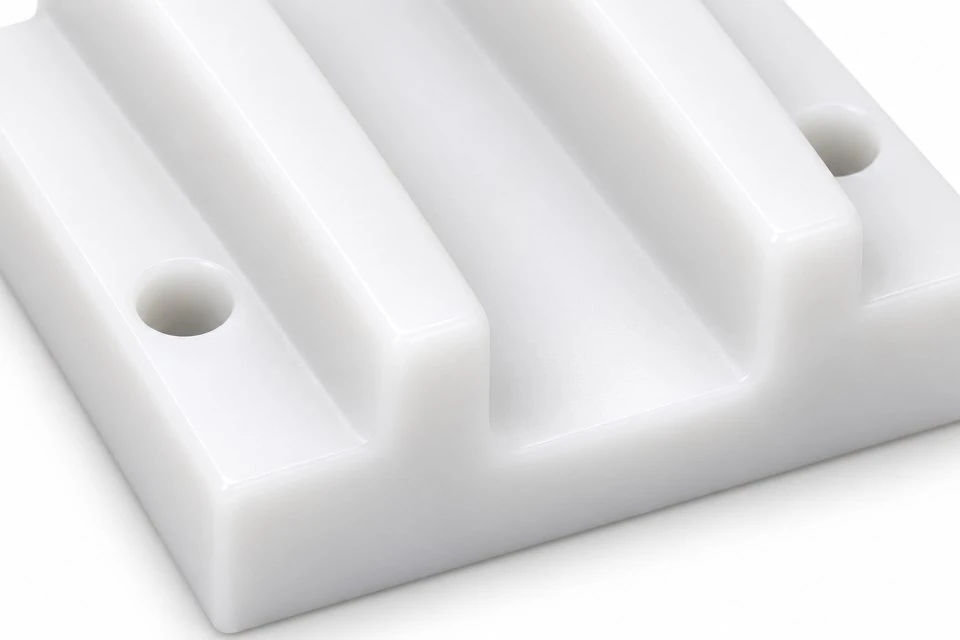 product-1-1 Custom white POM guide block channel and mounting hole detail