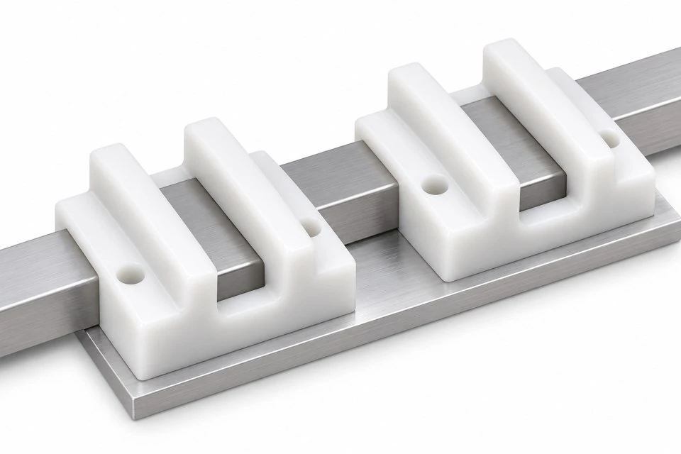 product-1-1 POM guide blocks arranged with a rectangular sliding rail on an industrial mounting base