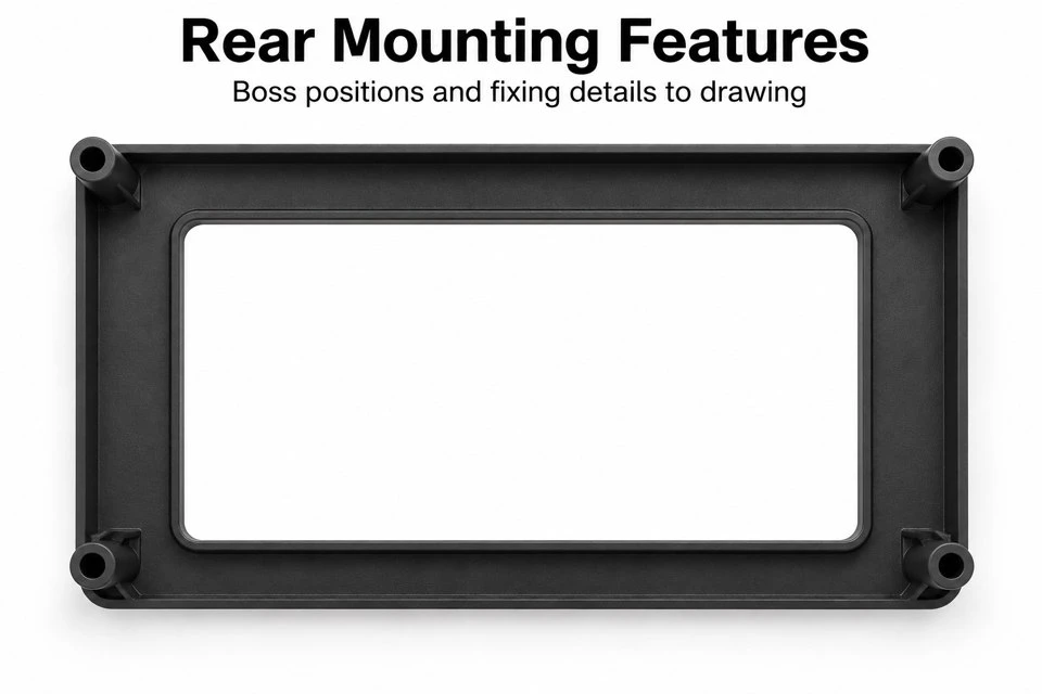 product-1-1 Rear mounting bosses and shallow skirt of a custom injection molded ABS display bezel