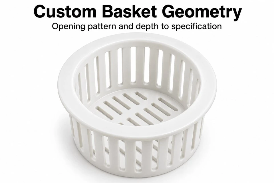 product-1-1 Interior and perforated bottom of a custom injection molded polypropylene strainer basket