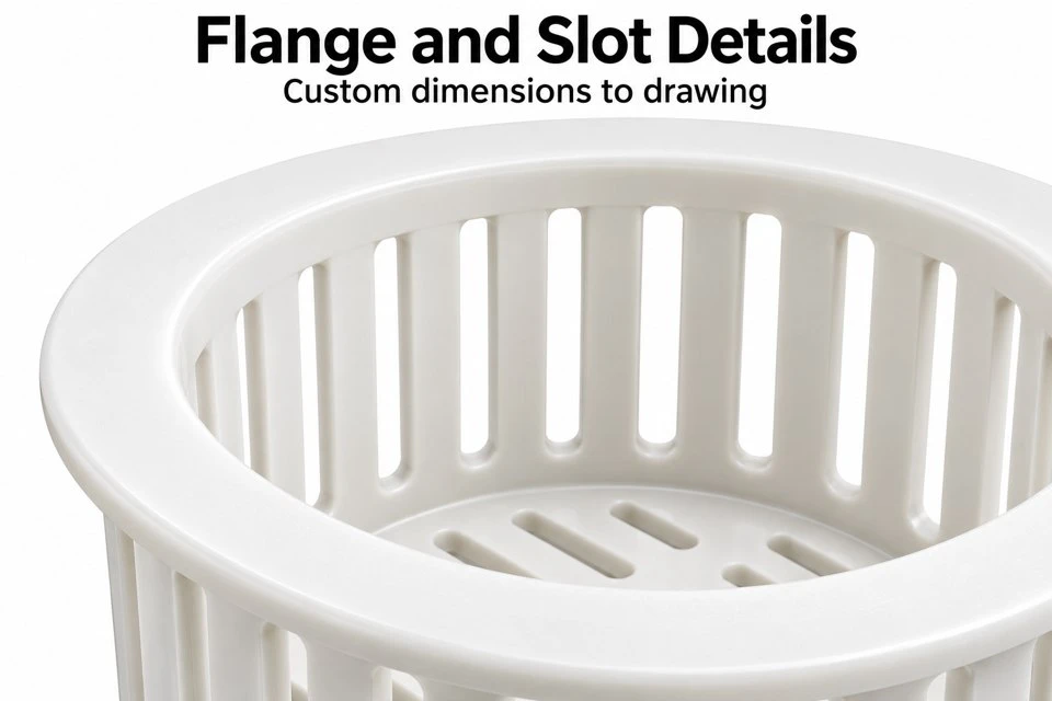 product-1-1 Custom PP strainer basket top flange and slotted sidewall details