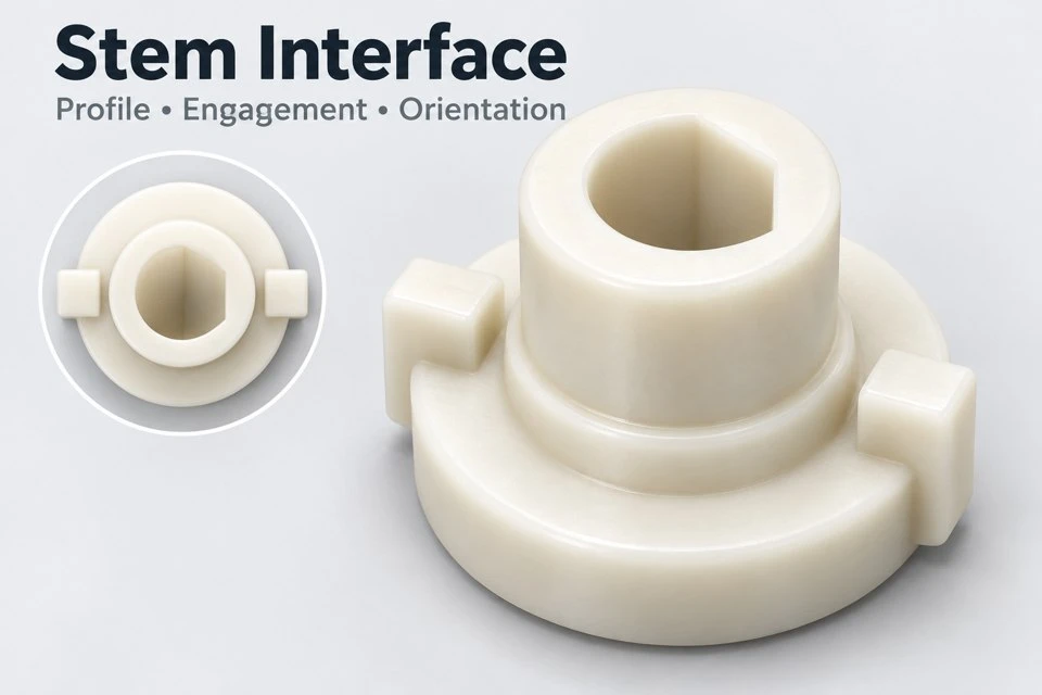 product-1-1 Custom POM valve actuator coupling concept with a D-shaped stem socket and opposed drive ears
