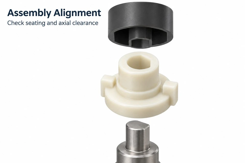 product-1-1 Concept assembly showing a custom acetal coupling between a metal valve stem and an actuator drive socket